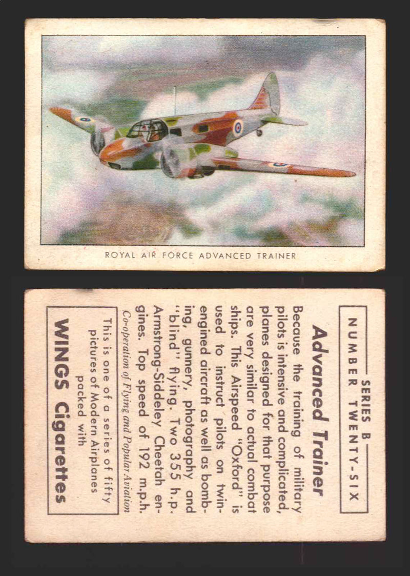 1940 Wings Cigarettes Modern Airplanes Series A B C You Pick Single Trading Card B #26 Royal Air Force Advanced Trainer - TvMovieCards.com