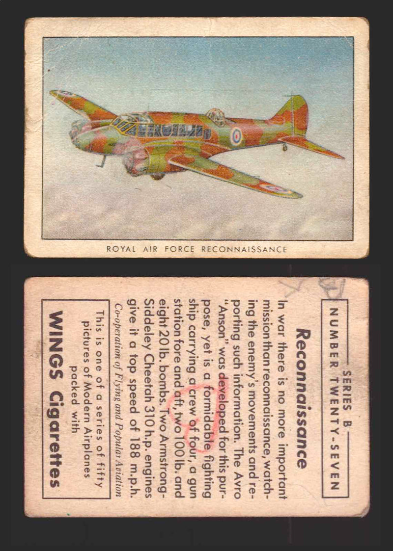 1940 Wings Cigarettes Modern Airplanes Series A B C You Pick Single Trading Card B #27 Royal Air Force Reconnaissance - TvMovieCards.com