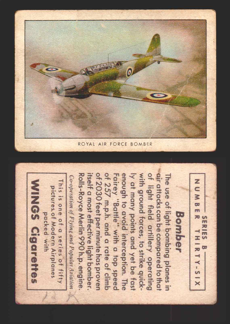 1940 Wings Cigarettes Modern Airplanes Series A B C You Pick Single Trading Card B #36 Royal Air Force Bomber - TvMovieCards.com