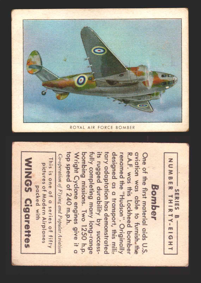 1940 Wings Cigarettes Modern Airplanes Series A B C You Pick Single Trading Card B #38 Royal Air Force Bomber - TvMovieCards.com