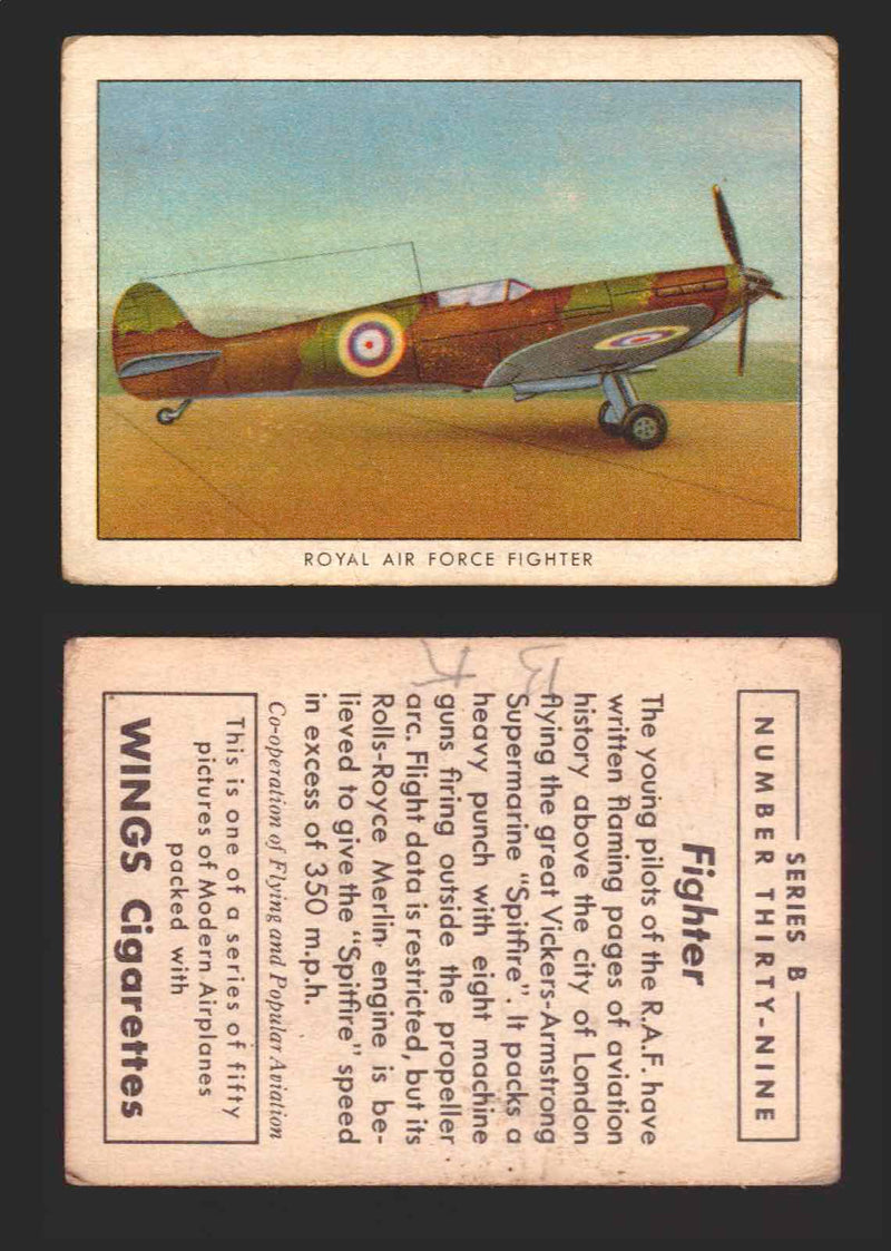 1940 Wings Cigarettes Modern Airplanes Series A B C You Pick Single Trading Card B #39 Royal Air Force Fighter - TvMovieCards.com