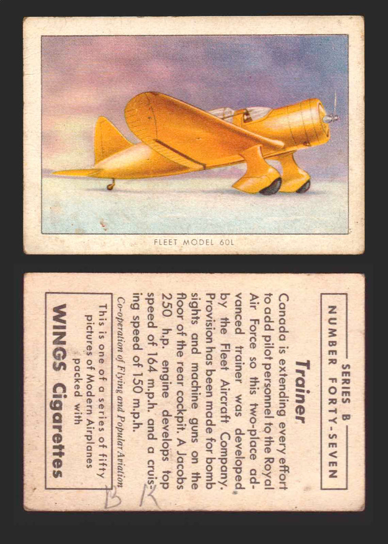 1940 Wings Cigarettes Modern Airplanes Series A B C You Pick Single Trading Card B #47 Fleet Model 60L Trainer - TvMovieCards.com