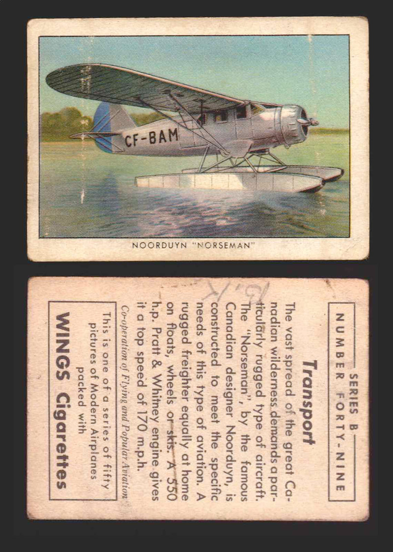 1940 Wings Cigarettes Modern Airplanes Series A B C You Pick Single Trading Card B #49 Noorduyn "Norseman" - TvMovieCards.com