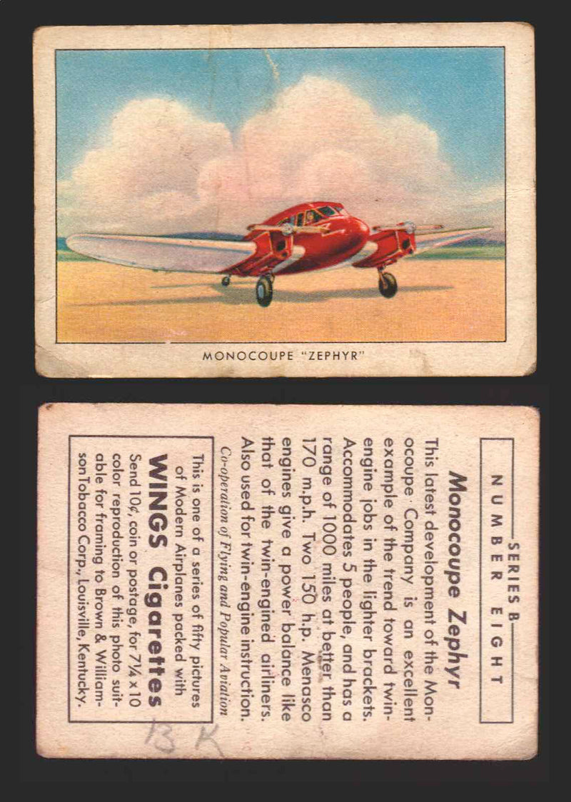 1940 Wings Cigarettes Modern Airplanes Series A B C You Pick Single Trading Card B #8 Monocoupe "Zephyr" - TvMovieCards.com