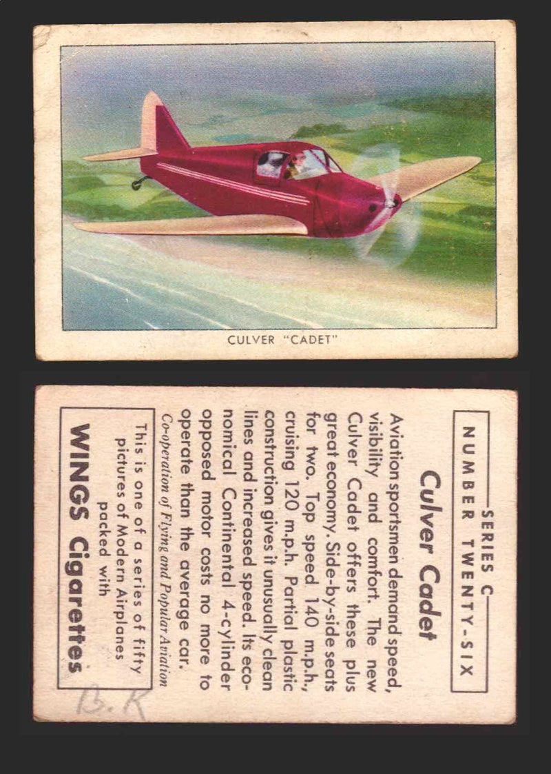 1940 Wings Cigarettes Modern Airplanes Series A B C You Pick Single Trading Card C #26 Culver "Cadet" - TvMovieCards.com