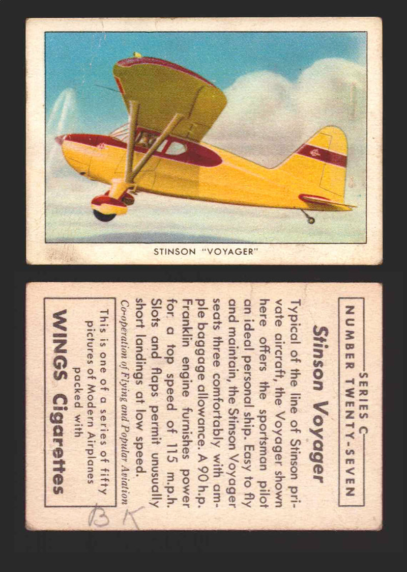1940 Wings Cigarettes Modern Airplanes Series A B C You Pick Single Trading Card C #27 Stinson "Voyager" - TvMovieCards.com