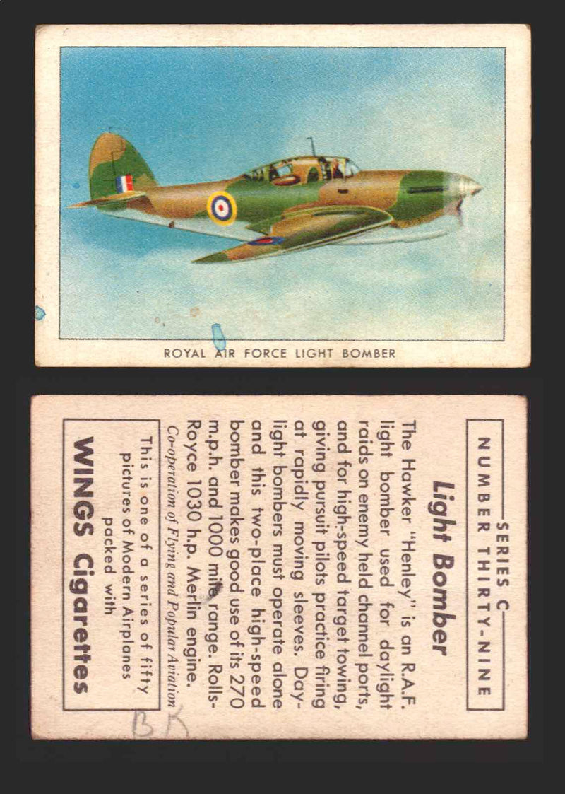 1940 Wings Cigarettes Modern Airplanes Series A B C You Pick Single Trading Cards C #39 Royal Air Force Light Bomber  - TvMovieCards.com