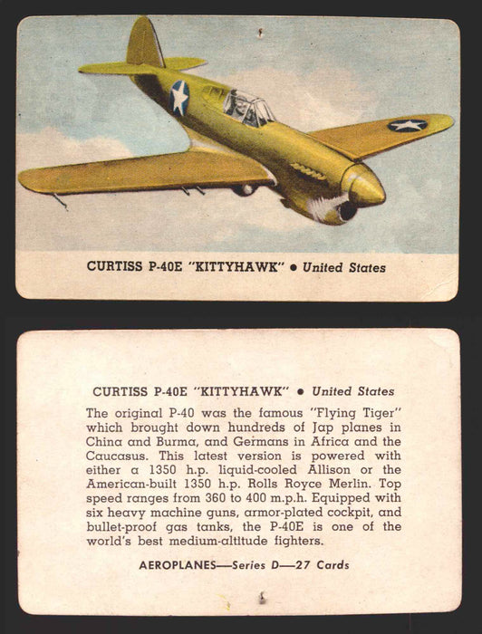 1944 Aeroplanes Series B C D You Pick Single Trading Cards #1-80 Card-O D	9	   Curtiss P-40E "Kittyhawk"         United States  - TvMovieCards.com
