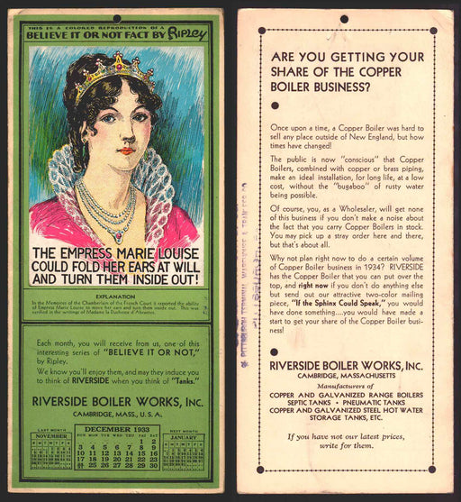 Ripley's Believe It or Not Facts Foldout Advertising Calendar 1933 - 1942 You Pi December	1933  - TvMovieCards.com