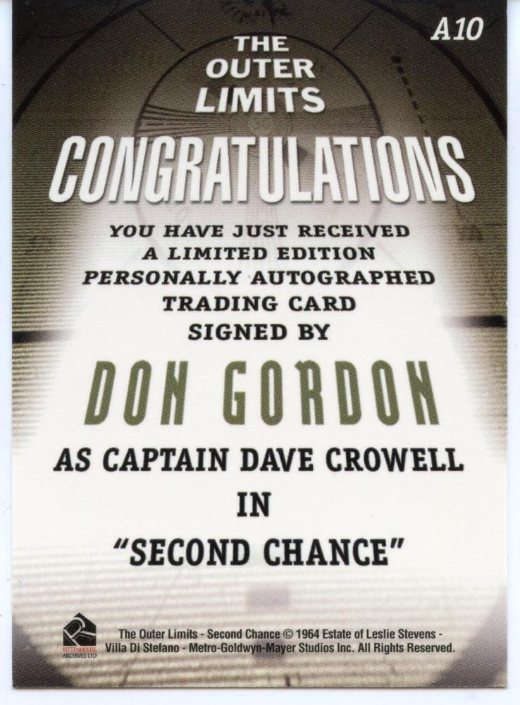 Outer Limits Premiere Autograph Card A10 Don Gordon as Captain Dave Crowell   - TvMovieCards.com