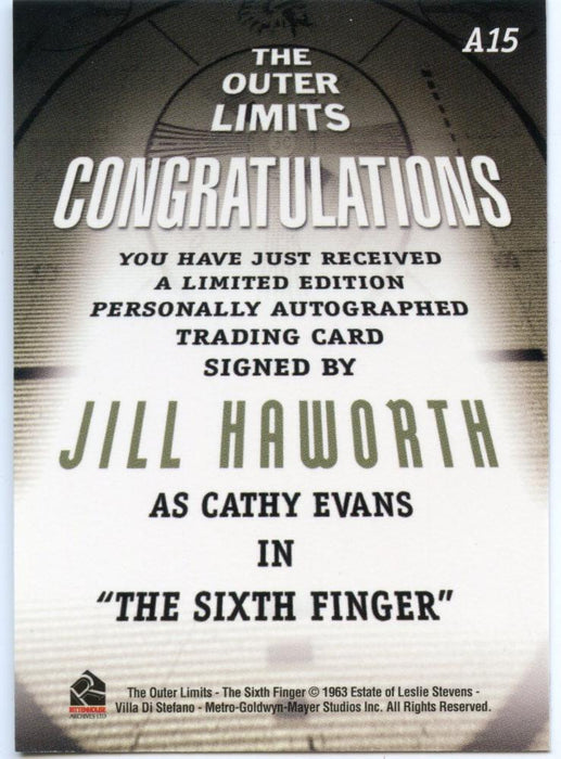 Outer Limits Premiere Autograph Card A15 Jill Haworth as Cathy Evans   - TvMovieCards.com