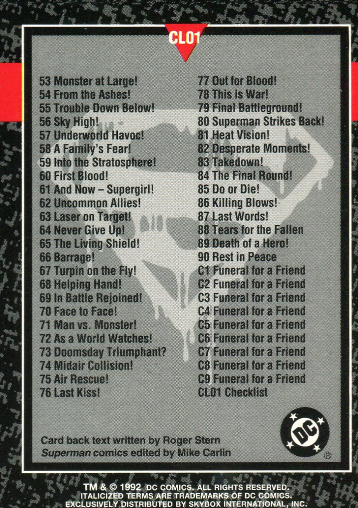 Superman Doomsday The Death of Superman Base Card Set 100 Cards Skybox 1992   - TvMovieCards.com