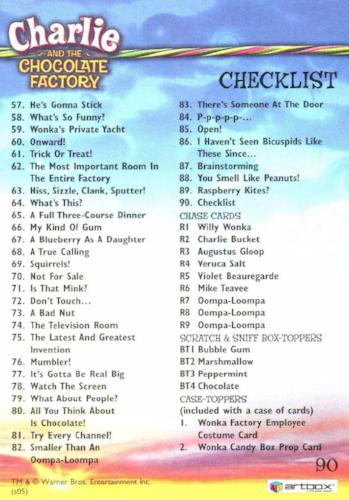 Charlie & Chocolate Factory Base Card Set 90 Cards Artbox 2005   - TvMovieCards.com