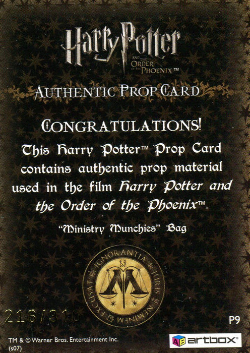 Harry Potter Order of Phoenix Ministry Munchies Bag Prop Card HP P9 #216/310   - TvMovieCards.com