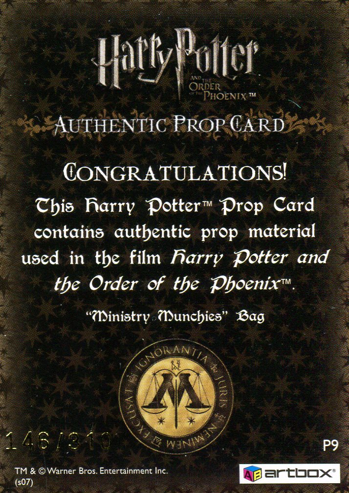 Harry Potter Order of Phoenix Ministry Munchies Bag Prop Card HP P9 #146/310   - TvMovieCards.com