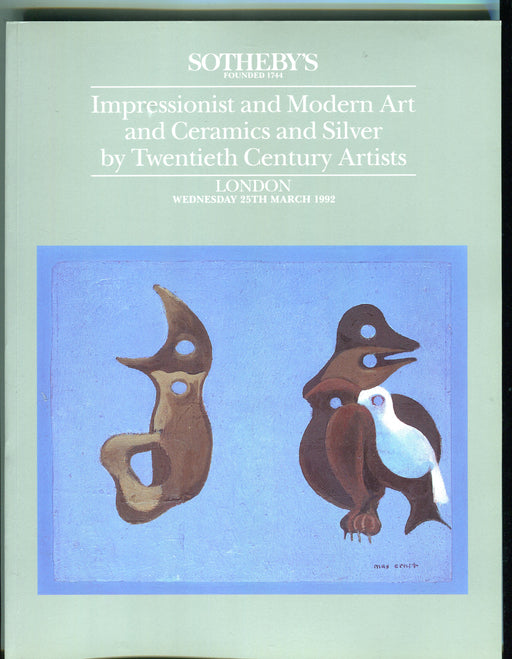 Sothebys Auction Catalog March 25 1992 Impressionist Modern Art Ceramics Silver   - TvMovieCards.com