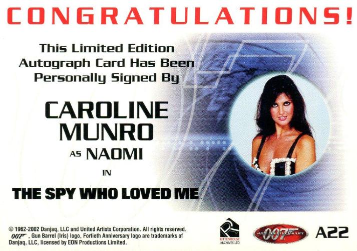 James Bond 40th Anniversary Caroline Munro Autograph Card A22   - TvMovieCards.com
