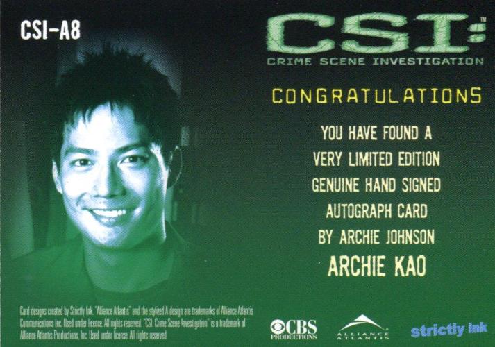 CSI Crime Scene Investigation Season 1 Archie Kao Autograph Card CSI-A ...