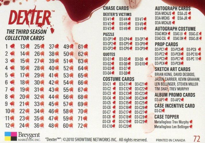 Dexter Season 3 Base Card Set 72 Cards Breygent 2010   - TvMovieCards.com