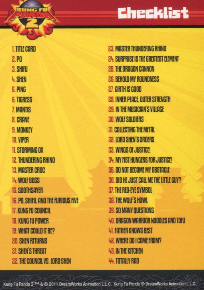 Kung Fu Panda 2 Movie Base Card Set 90 Cards plus 9 Tattoo Cards 2011   - TvMovieCards.com