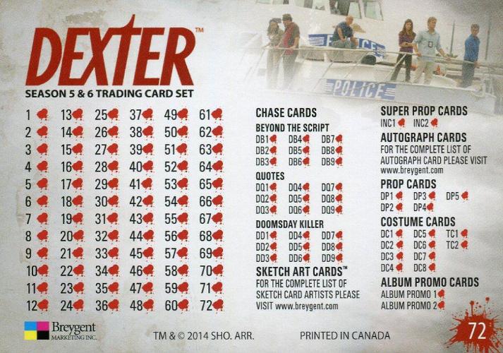 Dexter Seasons 5 & 6 Base Card Set 72 Cards Breygent 2014   - TvMovieCards.com