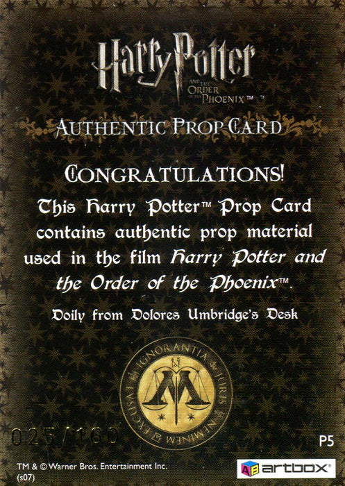 Harry Potter Order of Phoenix Doily Prop Card HP P5 #025/160   - TvMovieCards.com