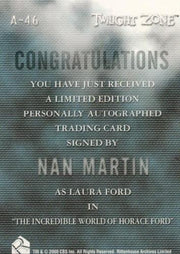 Twilight Zone 3 Shadows and Substance Nan Martin Autograph Card A-46 A46   - TvMovieCards.com
