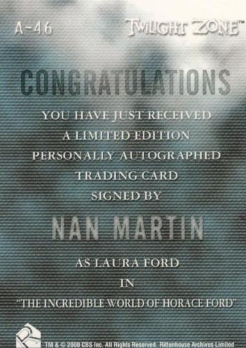Twilight Zone 3 Shadows and Substance Nan Martin Autograph Card A-46 A46   - TvMovieCards.com