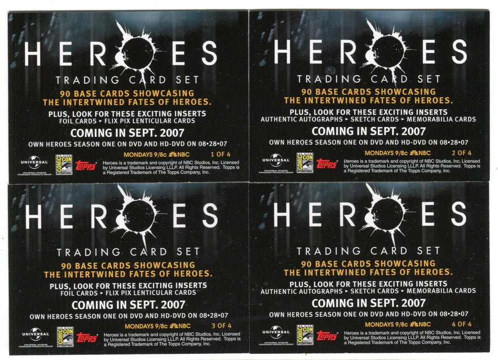 Heroes Volume 1 Promo Card Set of 4 SDCC San Diego Comic Con Topps 2008   - TvMovieCards.com