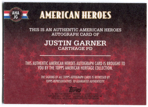 American Heritage Heroes Justin Garner AHA-JG Autograph Card Topps 2009   - TvMovieCards.com