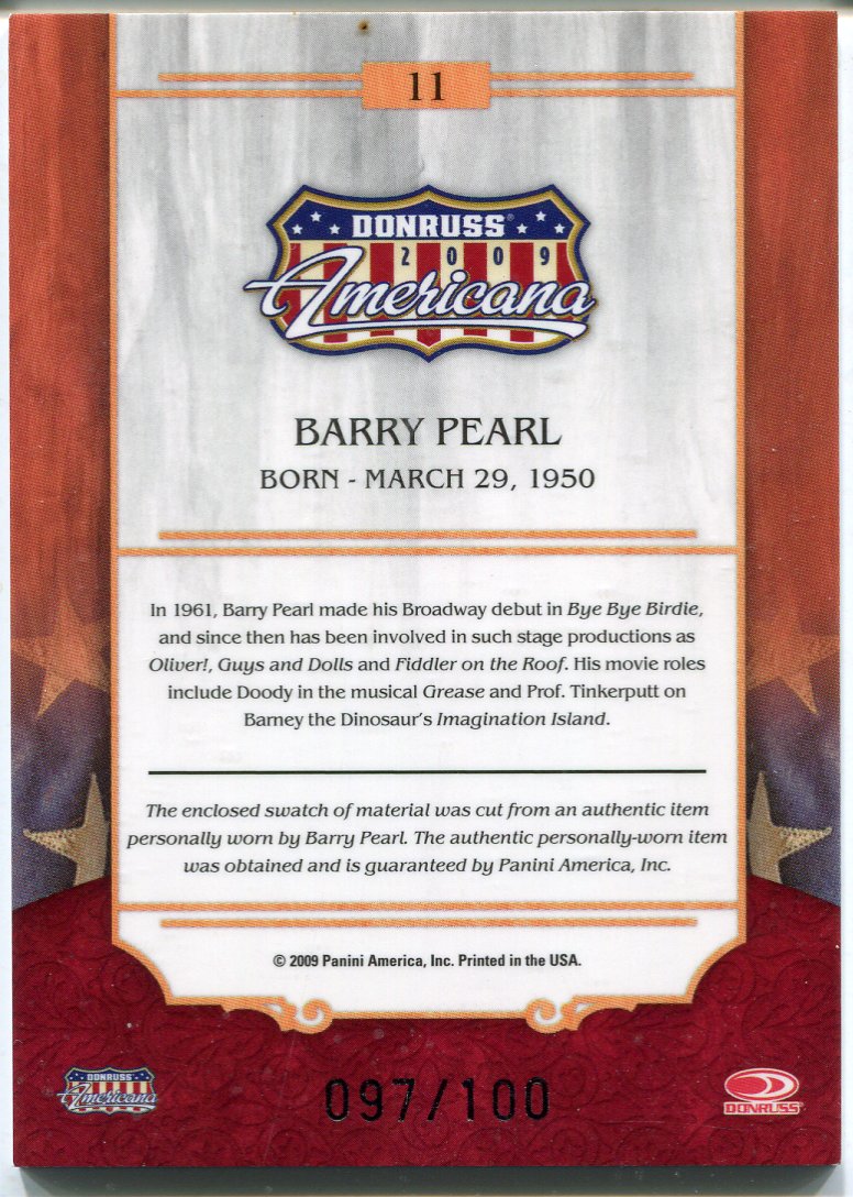 2009 Donruss Americana Silver Proof Materials Barry Pearl #11 Costume Card   - TvMovieCards.com