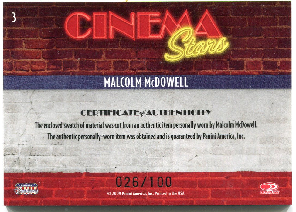 2009 Donruss Americana Cinema Stars Material Malcolm McDowell #3 Costume Card   - TvMovieCards.com