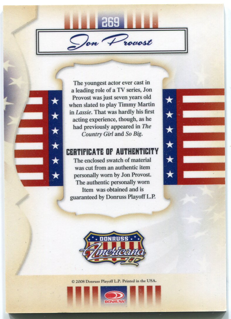 2008 Donruss Americana II Stars Material Jon Provost #269 Costume Card   - TvMovieCards.com
