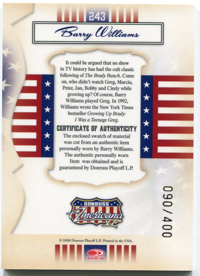 2008 Donruss Americana II Star Material Barry Williams #243 Costume Card   - TvMovieCards.com