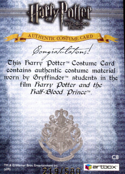 Harry Potter Half Blood Prince Gryffindor Students Costume Card C8 HP #219/580   - TvMovieCards.com