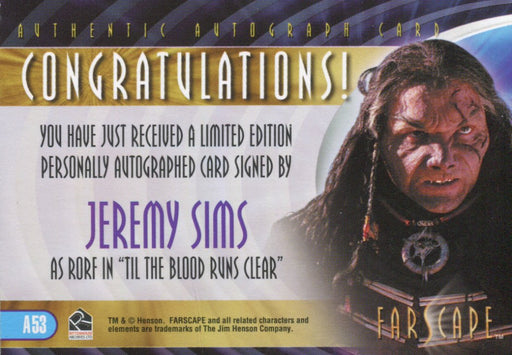 Farscape Through the Wormhole Jeremy Sims Autograph Card A53   - TvMovieCards.com