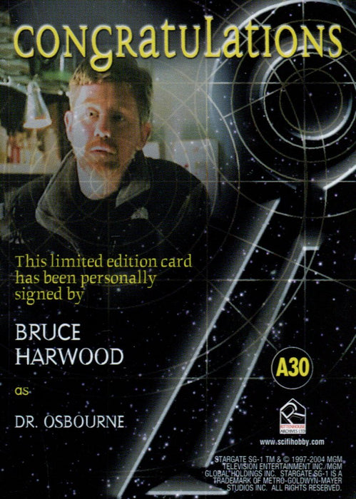 Stargate SG-1 Season Six Bruce Harwood as Dr. Osbourne Autograph Card A30   - TvMovieCards.com