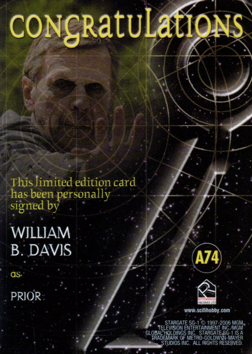 Stargate SG-1 Season Nine William B. Davis Autograph Card A74   - TvMovieCards.com