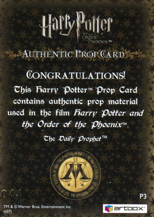 Harry Potter Order of Phoenix The Daily Prophet Prop Card HP P3 #044/310   - TvMovieCards.com