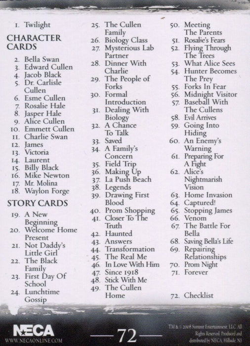 Twilight Premium Base Trading Card Set 72 Cards Neca 2008   - TvMovieCards.com