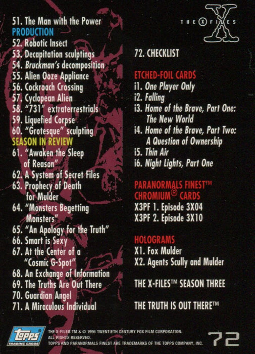 X-Files Season 3 Trading Base Card Set 72 Cards Topps 1996   - TvMovieCards.com