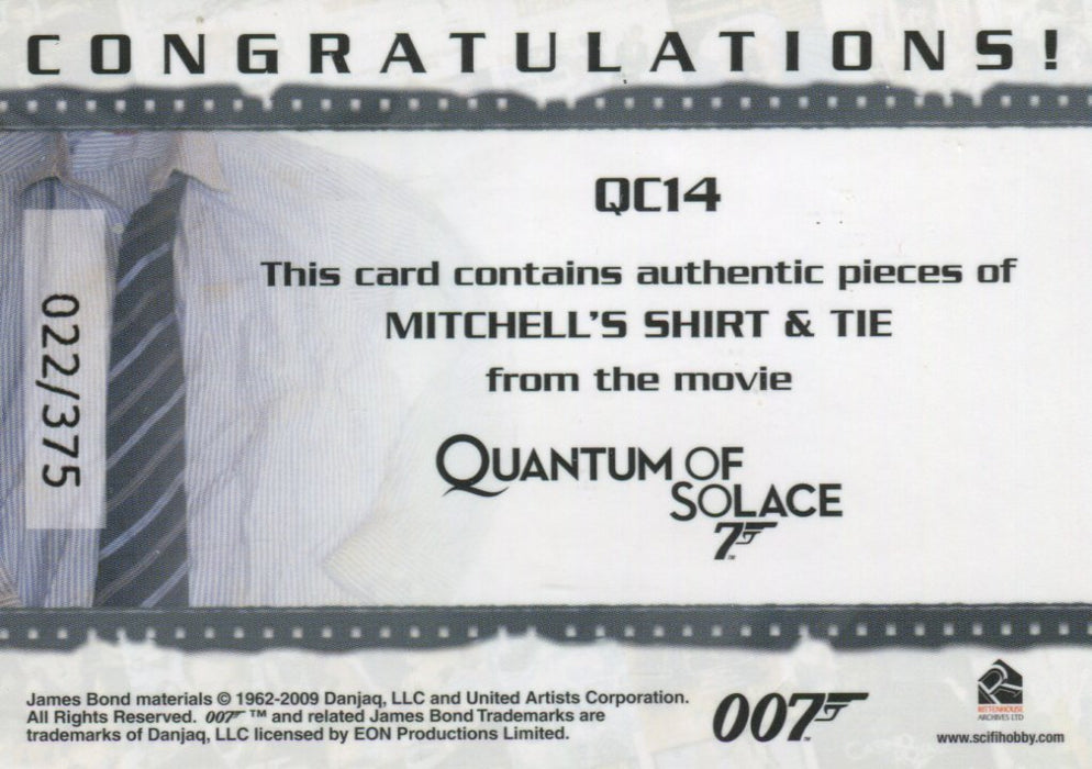 James Bond 2009 Archives James Bond & Mitchell Double Relic Card QC14 #022/375   - TvMovieCards.com