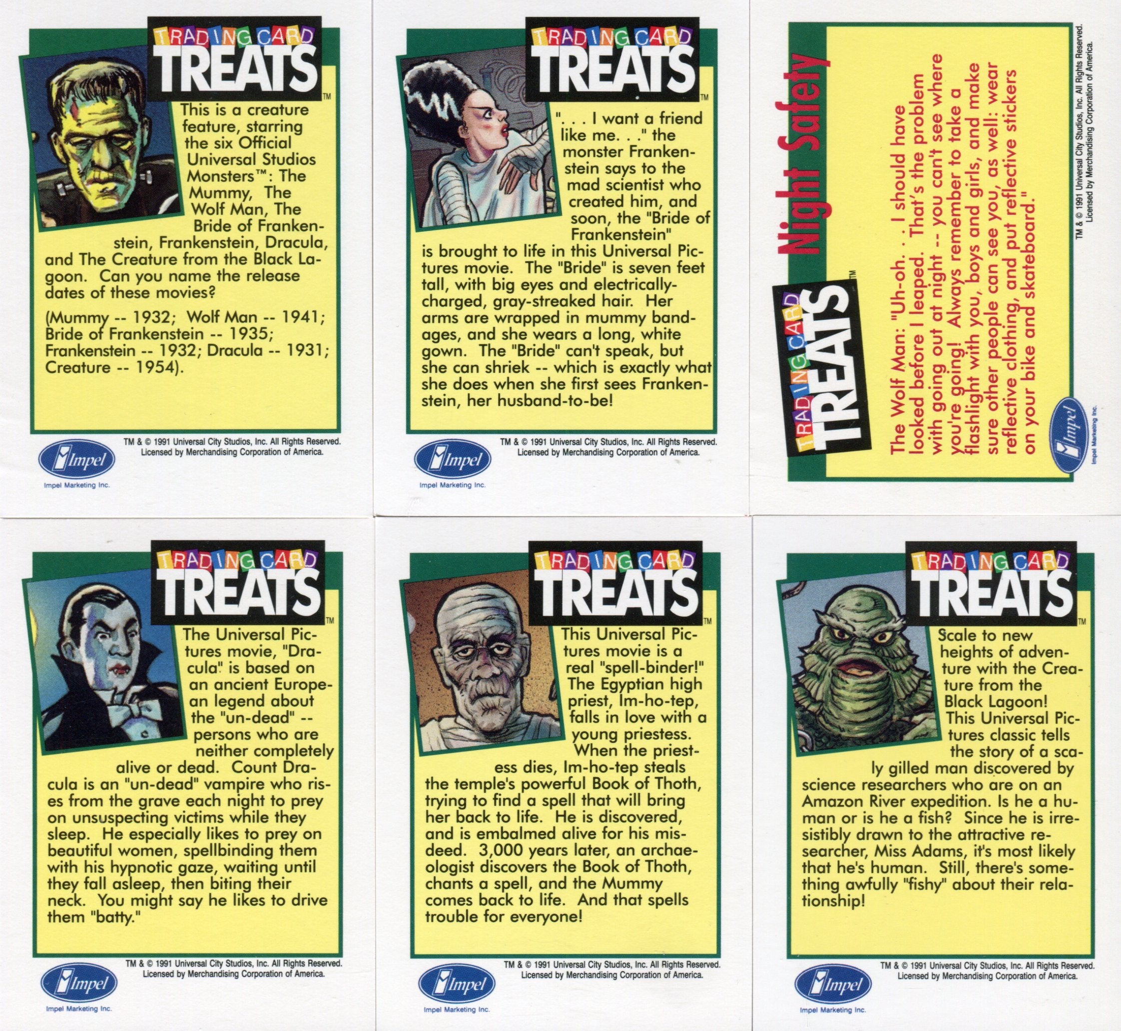 Universal Monsters Trading Card Treats Card Set 6 Cards Impel 1991