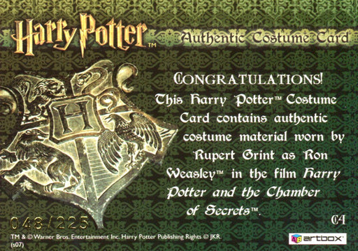 The World Harry Potter 3D Rupert Grint Ron Weasley Costume Card HP C4 #048/225   - TvMovieCards.com