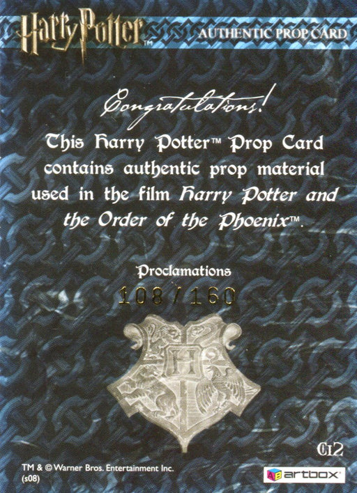 The World of Harry Potter 3D 2 Proclamations Incentive Prop Card HP Ci2 #108/160   - TvMovieCards.com