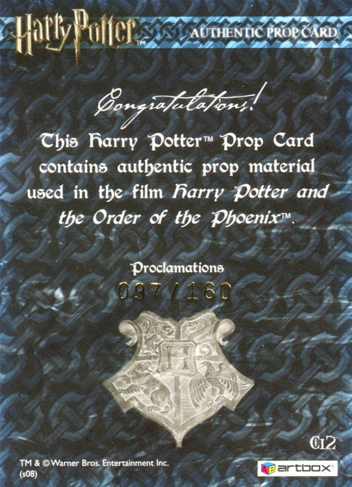 The World of Harry Potter 3D 2 Proclamations Incentive Prop Card HP Ci2 #097/160   - TvMovieCards.com