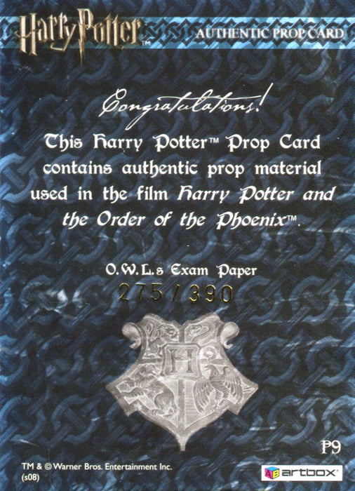 The World of Harry Potter 3D 2 O.W.L.s Exam Paper Prop Card HP P9 #275/390   - TvMovieCards.com