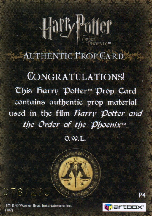 Harry Potter Order of Phoenix O.W.L. Prop Card HP P4 #076/235   - TvMovieCards.com