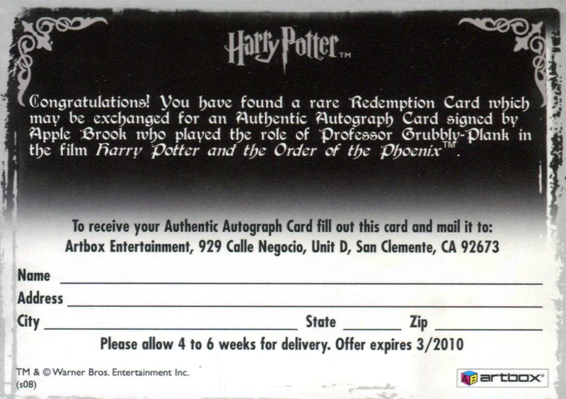 Harry Potter Memorable Moments 2 Apple Brook Autograph Redemption Card   - TvMovieCards.com