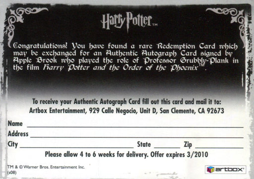 Harry Potter Memorable Moments 2 Apple Brook Autograph Redemption Card   - TvMovieCards.com